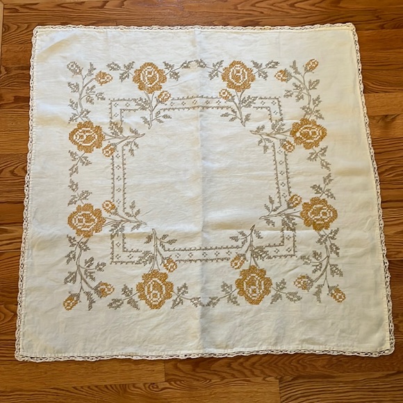 Vintage Other - Vintage Embroidered Linen Small Square Table Cloth Handmade Cottagecore